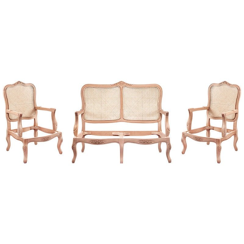 Fransız Hasırlı Oymalı Ham Ahşap Çay Takımı 2+1+1