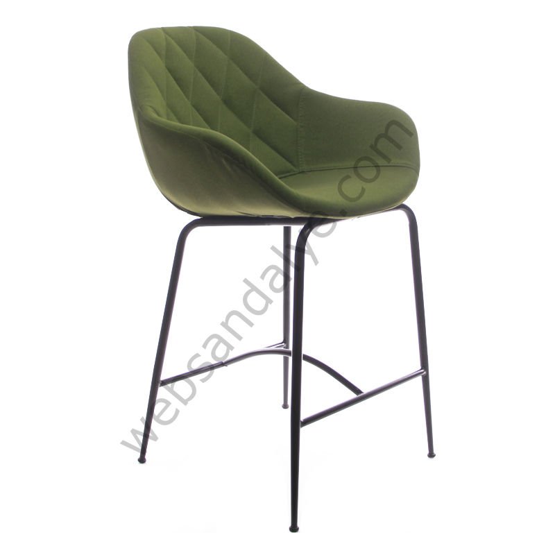 Arfa Desenli Metal Ayak  Bar Sandalyesi Yeşil Keten - 75 CM