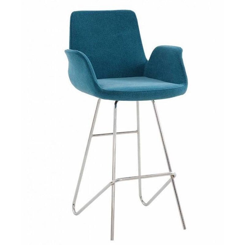 Beril Mavi Krom Ayaklı Bar Sandalyesi